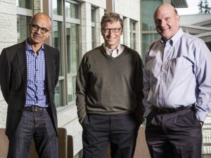 Nadella (left) and Ballmer (right) with Bill Gates. 