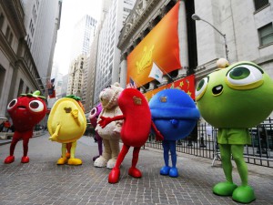 The Candy Crush mascots outside the New York Stock Exchange.